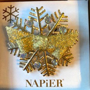 Napier Golden Snowflake Brooch with Crystal Rhinestones